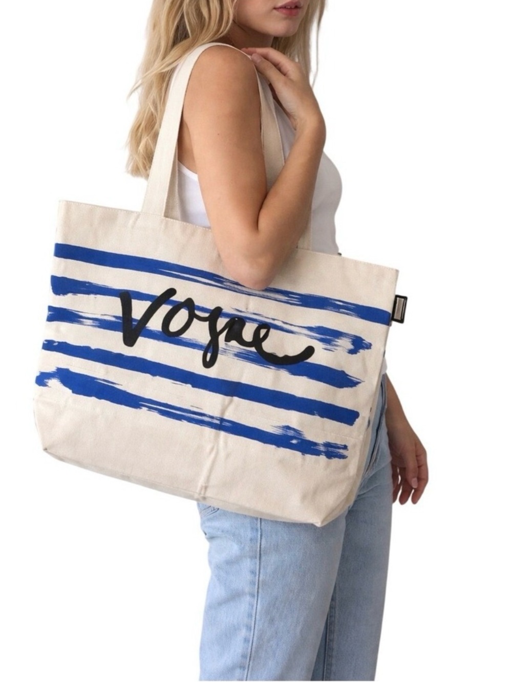 VOGUE NWT Canvas Stripe Tote Bag in Natural with Blue and Black Script